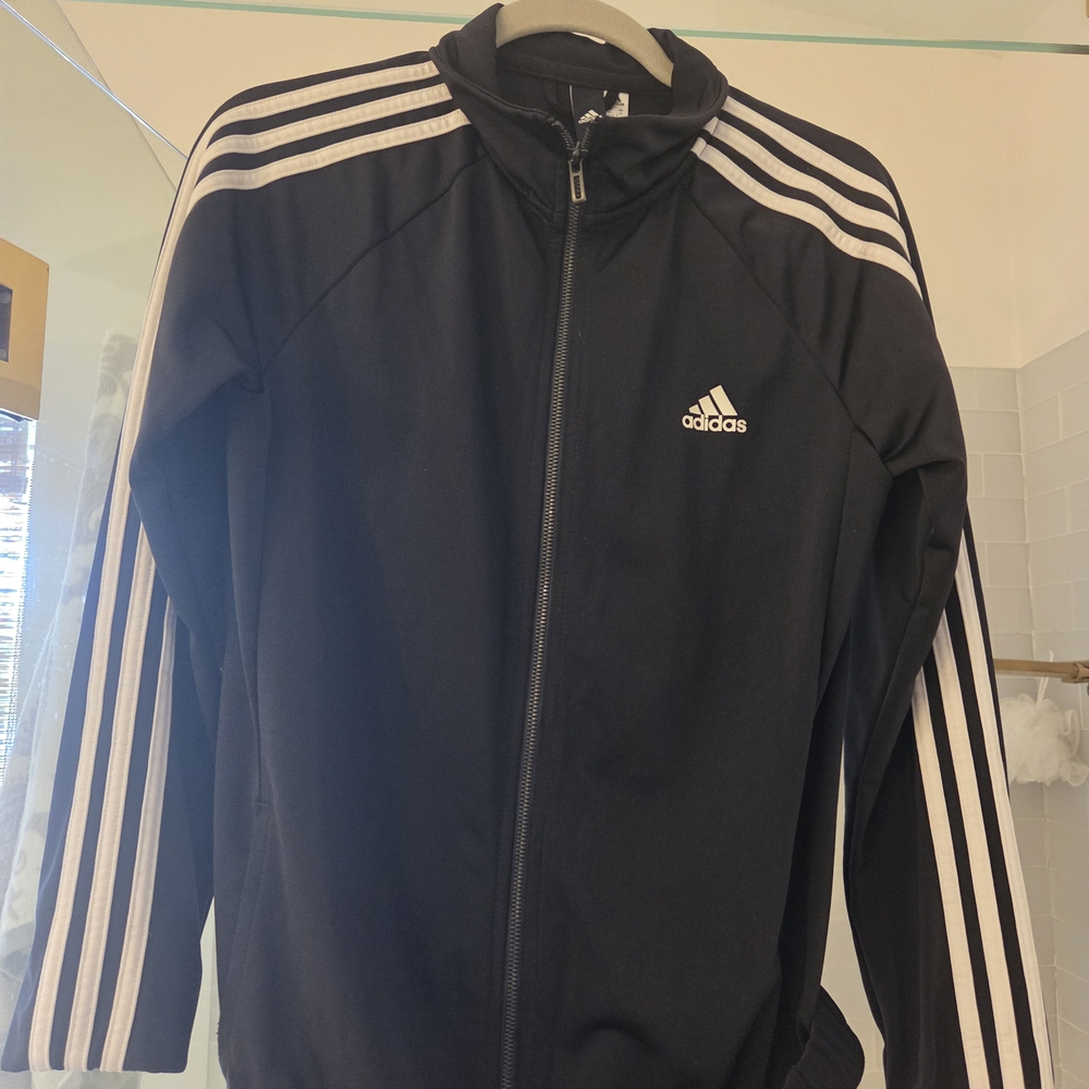 Adidas Men's Black Windbreaker with White Stripes